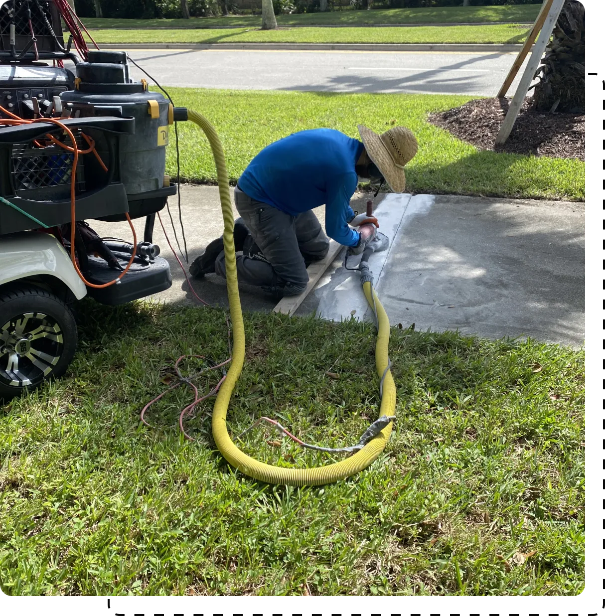 A man is using a hose to clean the grass.