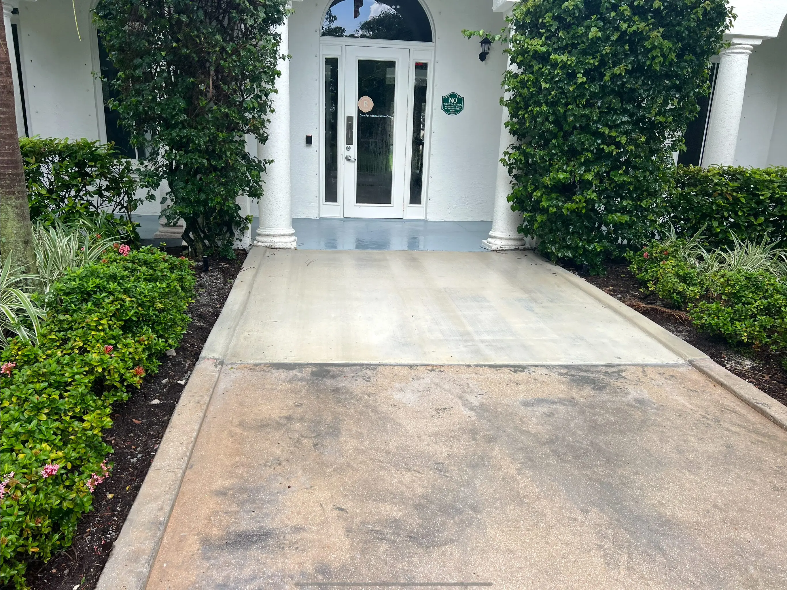 A white door and walkway in front of a house.